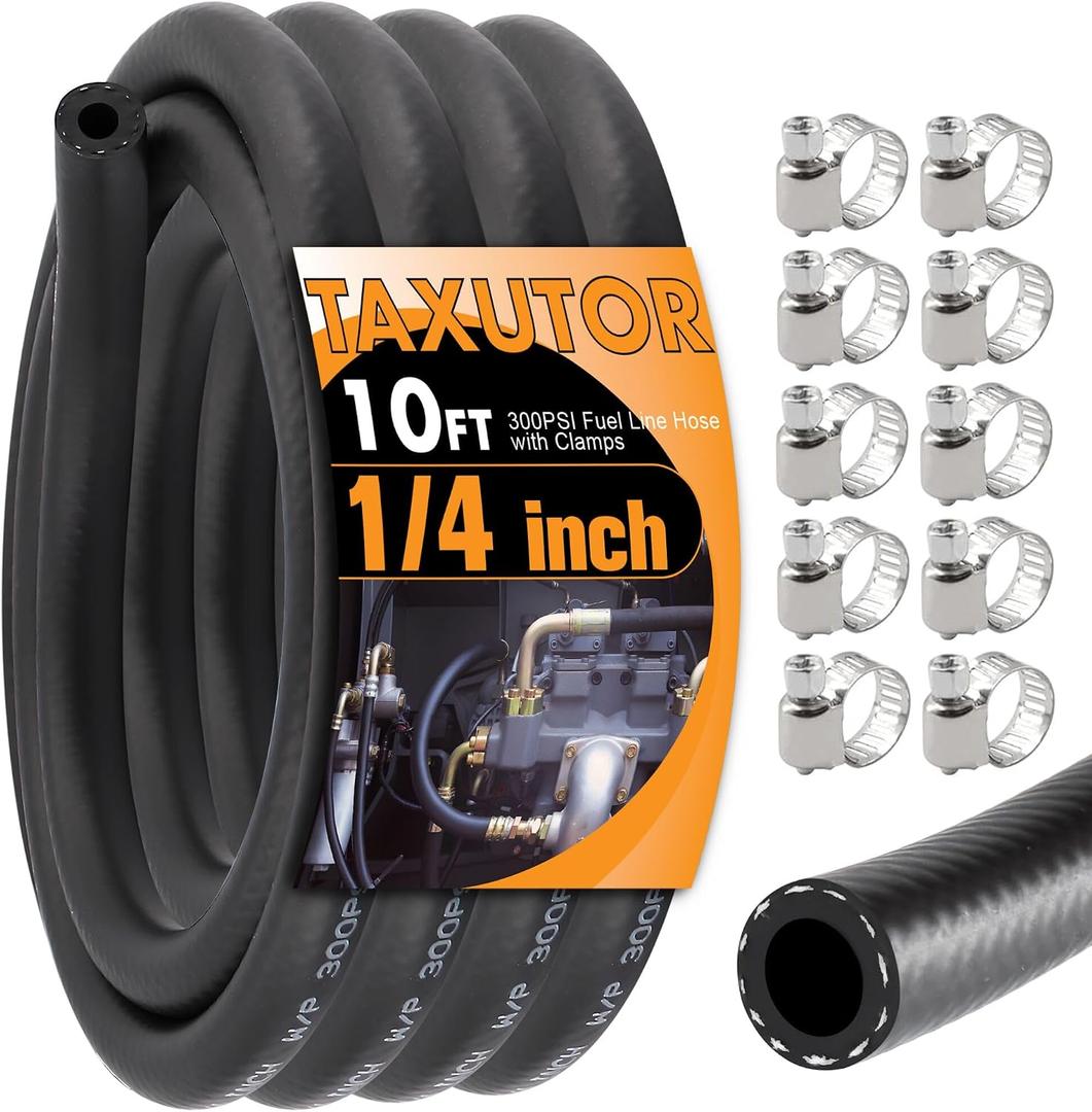 1/4 Inch ID Fuel Hose 10FT Replacement - Short Length Kit with Clamps for Small Engine Repair - Fits Gas, Oil Lines on ATV, Motorcycle, Pressure Washer