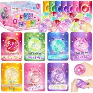 28 Pack Valentines Day Gifts for Kids, 28Pcs Valentines Stretchy Ball with 28Pcs Cards, Classroom Exchange Prizes & Party Favors, Kids Valentines Day Cards, Ideal Valentine Gifts for Boys Girls