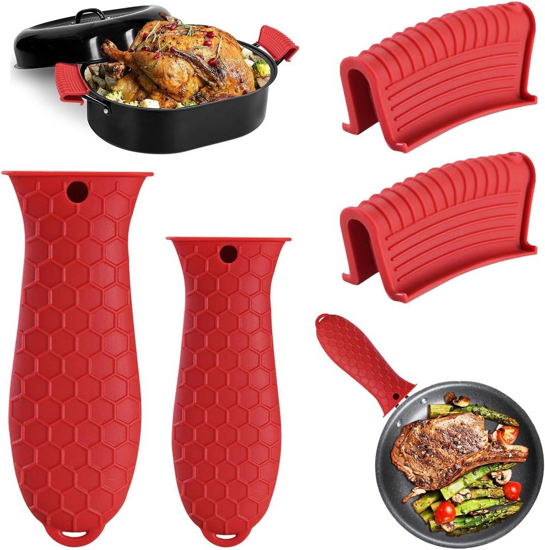 4 Pack Silicone Hot Handle Holder Cover Cast Iron Handle Cover Silicone Pot Holders Heat Resistant Assist Pan Handle Sleeve Non-Slip Pot Handle Covers for Cast Iron Skillet Metal Pan (Red)
