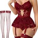 Lilosy Sexy Stocking Rhinestones Heart Garter Underwire Floral Mesh lace Sheer Babydoll Lingerie Teddy Bodysuit Skirt Set (Flower Wine Red) Xsmall