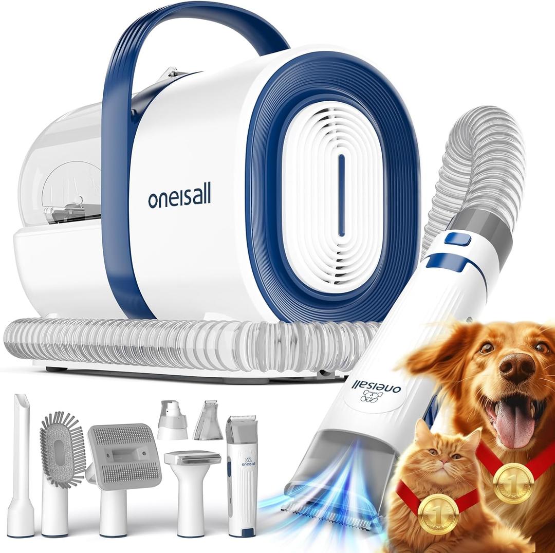 oneisall Dog Grooming Vacuum, Pet Grooming Vacuum with Clipper Nail Grinder, 1.5L Dust Cup Dog deshedding Vacuum Brush with 7 Pet Grooming Tools for Shedding Pet Hair, Home Cleaning (Blue)