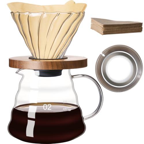 gegewawa Pour Over Coffee Maker Set 20 OZ, Borosilicate Glass Coffee Server with 50 pcs V60 Paper Filter, Pour Over Coffee Dripper Carafe for Home Cafe Restaurant Camping