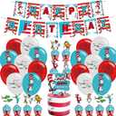 Seuss Cat in the Hat Themed Party Decorations - Happy Birthday Banner, Cupcake Cake Toppers, Balloons for Fans Adults Party Supplies