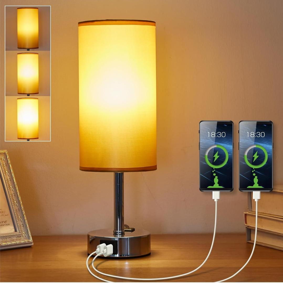 Cylinder Touch Dimmer USB Lamp with LED Bulb, Fabric Shade, 1 USB, 1 Type C Ports & 1 AC Outlet, Bedside Lamp for Bedroom, Golden