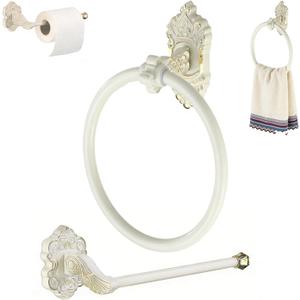 2 Pcs Antique White Toilet Paper Holder Towel Ring, Towel Rings for Bathroom Wall Wall Mount Sturdy Punch-Install Retro Vintage Bathroom Hardware