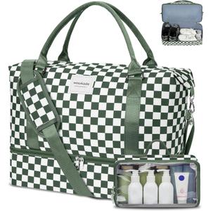 WOOMADA Weekender Overnight Bag for Women, Carry on Shoulder Travel Duffel with Shoes Compartment,Gym Bag with Toiletry Bag,green checkerboard