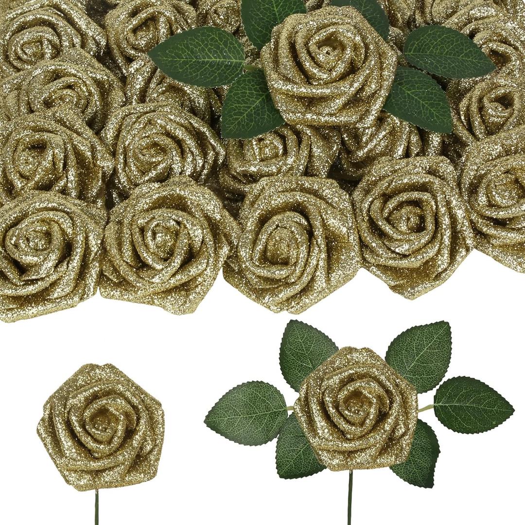 IPOPU 50PCS Gold Roses Artificial Flowers 2.76" Glitter Flowers Fake Roses with Stems for DIY Wedding Bouquet Anniversary Christmas Home Decor (Glod)