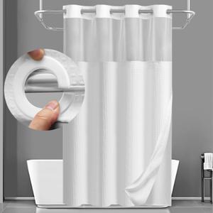 YellyHommy Stall No Hook Shower Curtain with Snap in Fabric Liner Set Less Time White Waffle Shower Curtain for Bathroom 75" L x 60" W