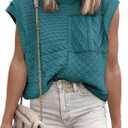 EVALESS Womens Short Sleeve Sweater Summer Fall 2025 Round Neck Crochet Pullover Cap Sleeve Knit Oversized Sweater Vest Tops (Medium, Lapis)