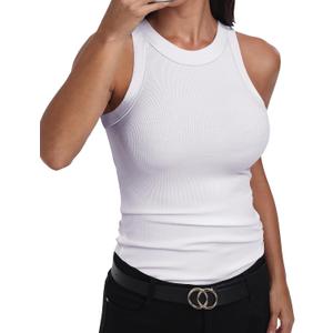 GEMBERA Womens Sleeveless Racerback High Neck Casual Basic Cotton Ribbed Fitted Tank Top (White, XL)