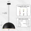 16" Dome Farmhouse Pendant Lights for Kitchen Island,Industrial Matte Black Pendant Light, Modern Adjustable Hanging Lamp for Dining Room,Living Room,Hallway,Cafe,Bar,1 Pack