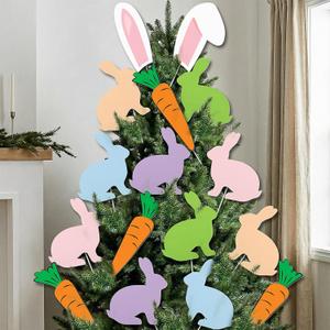 Norme 16 Pcs Easter Decorations Tree Picks Ornaments 8 Inch Large Colorful Rabbit Bunny Ear Carrot Tree Topper Decorations Colored Easter Rabbit Ornaments for Spring Party School Office Vase Decor