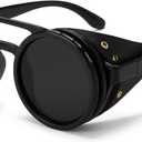 Adjustable Tint Steampunk Sunglasses  ND Filter, UV400 Polarized  Retro Round Shades, Leather Side Shields (Classic Black)