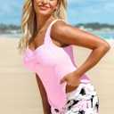 Modlily Surplice Tankini Swimsuits for Women, Two Piece Print Bathing Suit, Modest Coverage Tank Top with Board Shorts, Large
