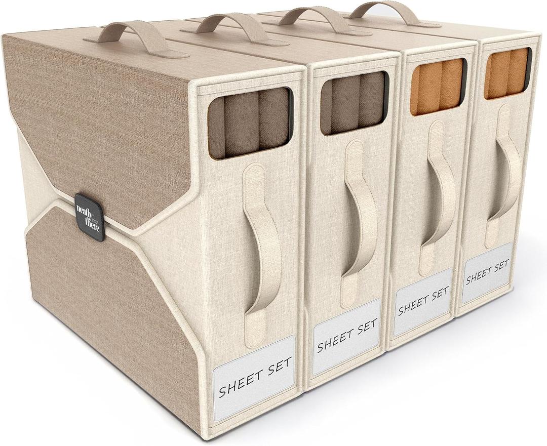 4 Pack Bed Sheet Organizers and Storage - Foldable Linen Closet Organizer with Clear Window and Labels, Sturdy Bedsheet Storage Boxes for King/Queen Sheet Sets, Bedding, Towels & Blankets