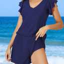 Smismivo Swim Romper with Built in Bra and Pockets Swim Dress Modest One Piece Swimsuit Full Coverage Bathing Suit (Blue, M)