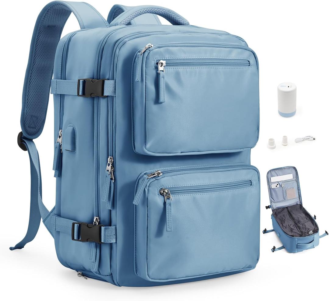 Travel Backpack with Vacuum System, Personal Item Carry On Flight Approved 18x14x8 inches, Air Compression Backpack with Pump Large Seal Backpacks for Women Men Mochila de Viaje (Blue)