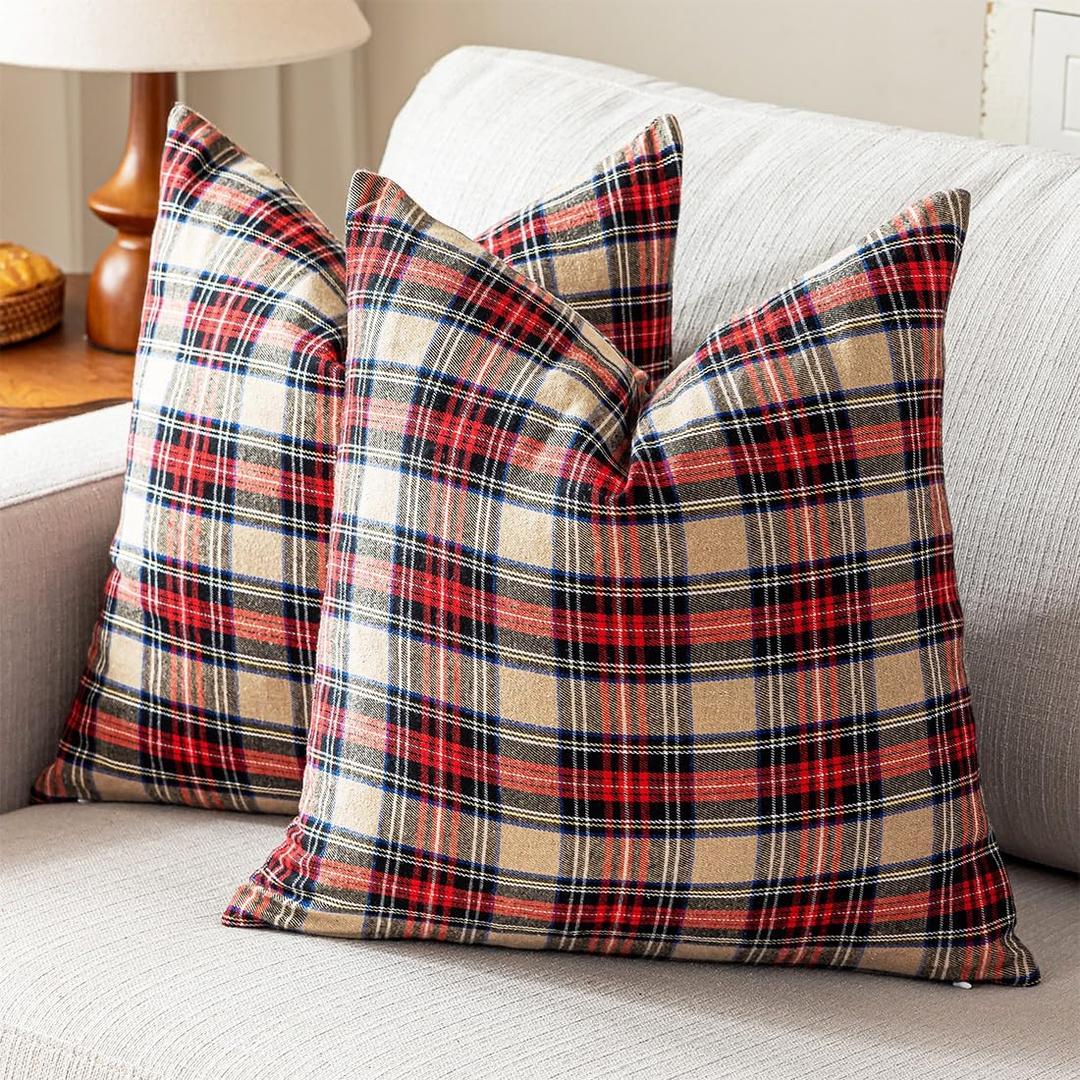 Vintage Christmas Decor Brown Tartan Plaid Pillow Covers 18x18 Set of 2, Cottage Primitive Christmas Decor Farmhouse Throw Pillows 18 x 18, Outdoor Porch Pillows Both for Fall and Winter Holidays