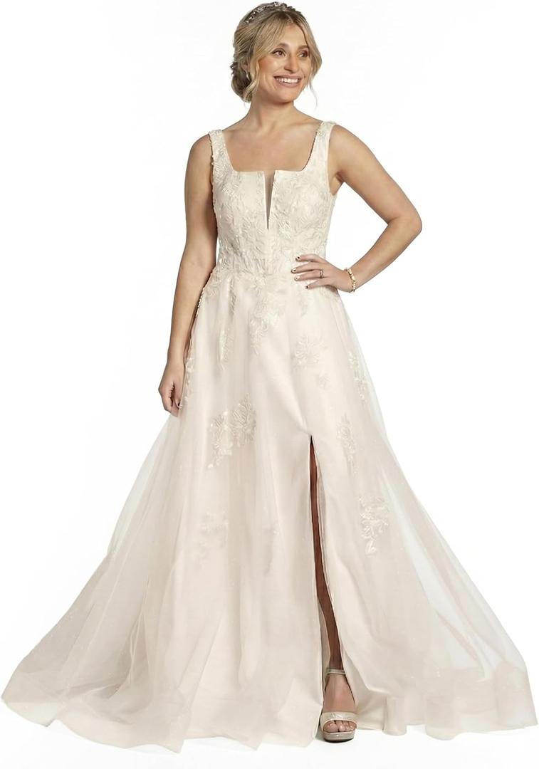 David's Bridal The Edit Square Neck Tulle and Lace Ball Gown Wedding Dress, Size: 24W