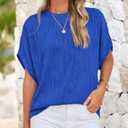 PRETTYGARDEN Women's Tops 2025 Summer Casual Crewneck Short Sleeve Textured Shirts Going Out Work Blouse Basic Tunic Top (Blue, L)