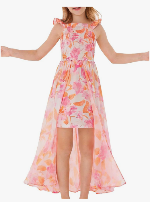 GRACE KARIN Girls Hawaiian Floral Smocked Dresses, Girl Flutter Sleeve Spring Summer Dress, Kids Easter Maxi Long Dresses 10 Y