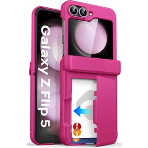 ASAFCASE for Samsung Galaxy Z Flip 5 Case with Card Holder (3 Cards) & Hinge Protection & Outer Screen Protector, Shockproof Rugged Phone Protective Cover Wallet Case for Galaxy Z Flip 5, Hot Pink