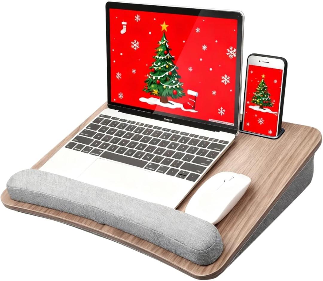 HUANUO Portable Lap Laptop Desk with Pillow Cushion, Fits up to 15.6 inch Laptop, with Anti-Slip Strip & Storage Function for Home Office Students Use as Computer Laptop Stand, Book Tablet (Medium, Wood Grain)