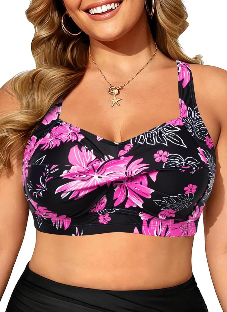 Daci Women Plus Size Push up Bikini Top Only Full Coverage Swimsuit Tops Twist Front Bathing Suit Bra  (Pink Floral, 12W)