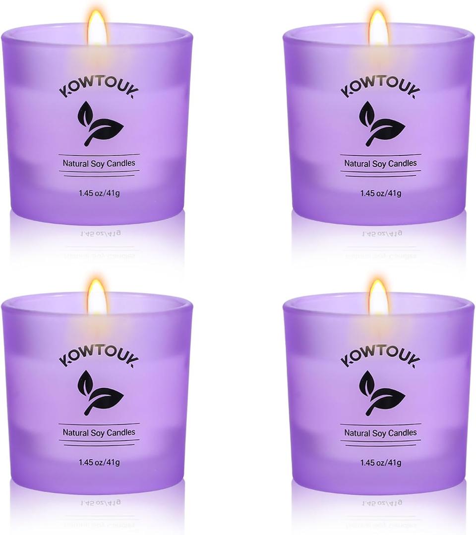 Set of 4 White Unscented Soy Candles, Purple Glass Filled Votive Candles, Hand Poured Wax Candle for Home Dcor Aromatherapy Spa Holidays Party and Weddings