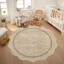 GarveeHome Scalloped Round Rugs 6Ft Washable Area Rug for Playroom, Kids Non-Slip Neutral Classic Circle Rug Modern Large Carpet Soft Boys Rug for Classroom Dorm Bedroom, Jute