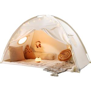 Tiny Land Twin Bed Tent for Kids, Breathable Bed Canopy Tent for Girls & Boys, Neutral Cream Play Tent, Easy Setup Washable Sleep Space, Cozy Dream Playhouse Gift, 77" x 40" x 46"
