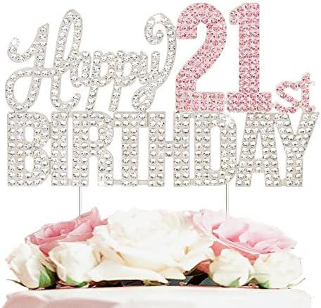 Nelbiirth Happy 21st Birthday Silver & Pink Rhinestone Cake Topper - Cheers to 21 Years Old 21st Bday Metal Sparkly Cake Centerpieces Topper Decorations Sign.