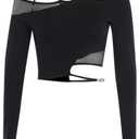 Women's Gothic T-Shirt Goth Crop Top Y2k Streetwear Long Sleeve Tops Rave Shirts (Large)