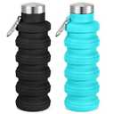 Collapsible Water Bottle, 16oz Portable Reusable Silicone Water Bottle, BPA-Free Leak-Proof Foldable Design with Carabiner, Lightweight Durable for Gym, Travel, Camping, Hiking, Sports (Pack of 2, Black+Blue)