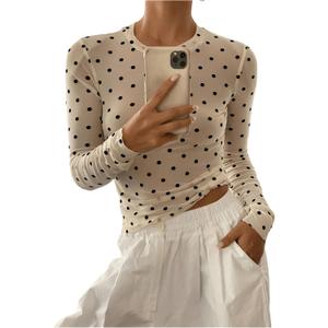 SHENHE Women's Polka Dots Sheer Mesh T Shirt Round Neck Slim Fitted Streetwear Top Beige Small