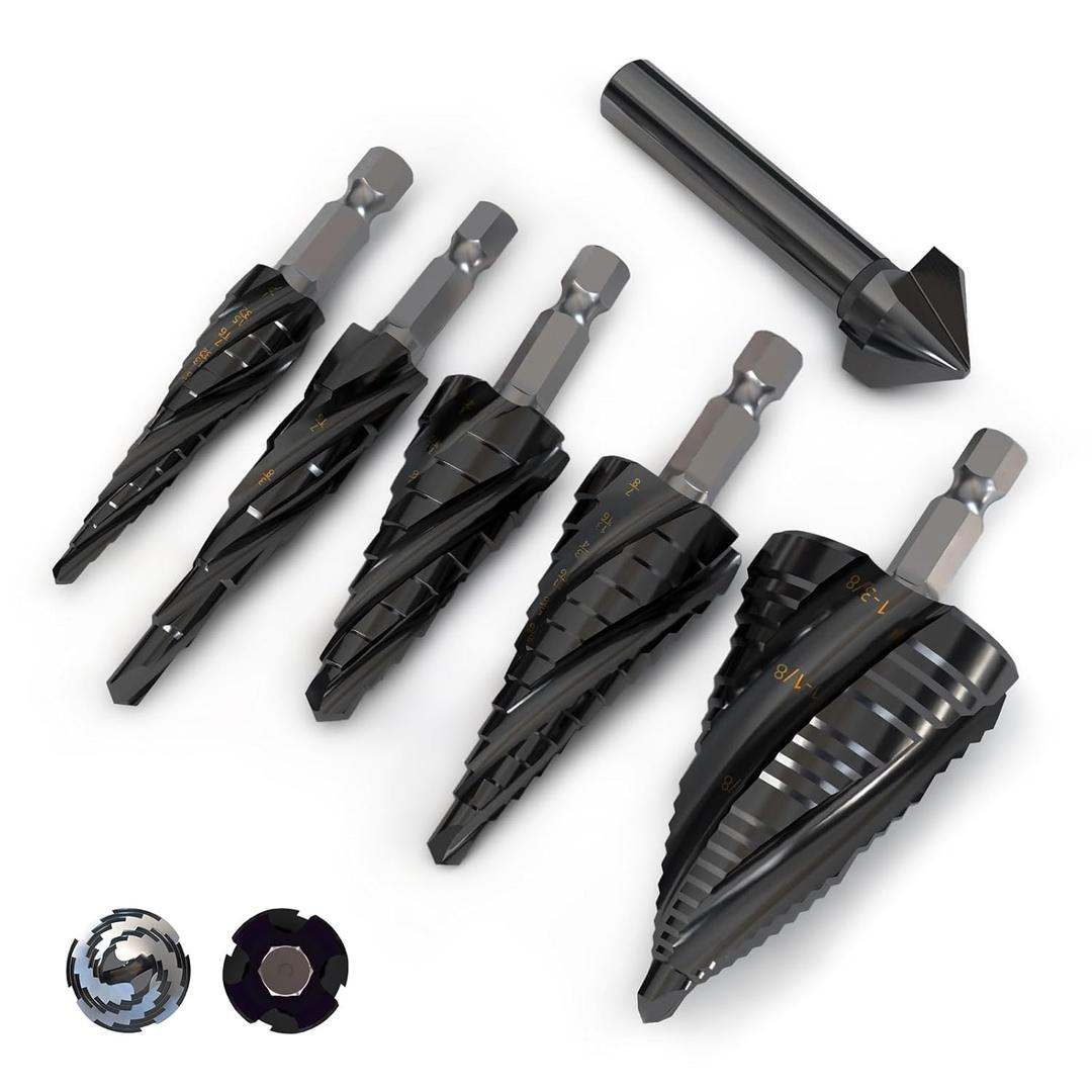 5 Pcs Step Drill Bits Set Cobalt & High-Speed Steel Kit for Metal, Stainless Steel, Aluminum, Wood, Plastic - Impact Ready with 1/4" Hex Shank