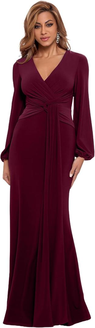 Betsy & Adam Women's Betsy & Adam Women's Floor-Length, Long Sleeve, Front Knotted, Gown (Petite) (Red, L)