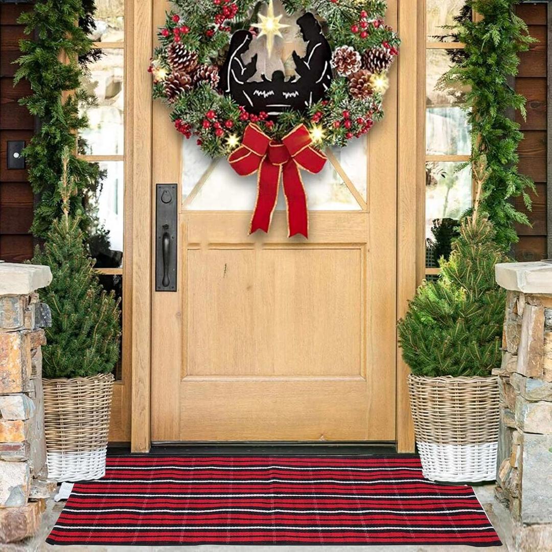Christmas Red and Black Plaid Rug 27.5 x 43 Inches, Hand-Woven Indoor/Outdoor Layered Cotton Blend Buffalo Plaid Rug, Washable Front Door Mat, Perfect for Porch, Living Room, Entryway