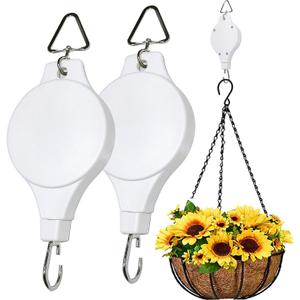 Adjustable Plant Pulley Hanger-2 Pack, Plant Pulley Retractable Hanger, Pully Hook for Hanging Garden Basket Pots, Bird Feeder Outdoor Heavy Duty (White-2Pcs-003)