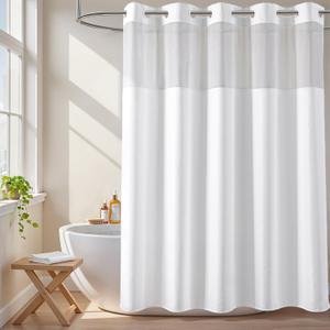 River Dream White No Hook Fabric Shower Curtain or Liner with Sheer Window, No Liner Included or Needed, Water Repellent, Machine Washable, 71" Wx74"L
