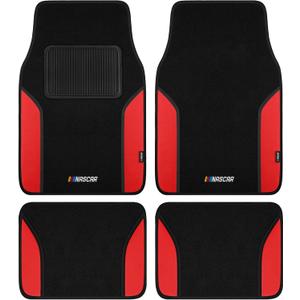 NASCAR Car Floor Mats, Carpet & Red Leather Design Car Mats, Universal-Fit All-Weather Car Floor Mats with Built-in Heel Pad & Anti-Slip Backing, Durable Odorless Automotive Interior Accessories