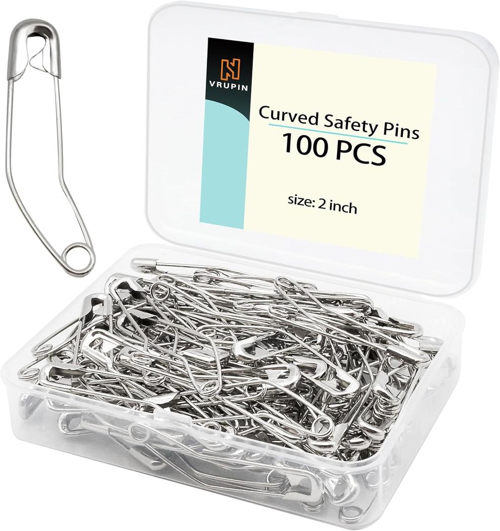 2 x vrupin 100pcs Stainless Steel Curved Safety Pins for Quilting, Safety Pins Bulk Metal Silver Sewing Pins Clothing Clips Tool Decorative Safety pins (2inch)