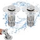 2 Pack Pop-Up Bathroom Sink Stoppers, Universal 3-in-1 Sink Plug with Removable Filter Basket Fits 1.1"1.26" Drain Holes, Haircatcher Drain Strainer for Sinks Wash Basin & Floor Drains