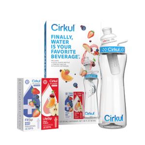 Cirkul 22oz. BPA-Free Plastic Water Bottle Starter Kit with Blue Lid, 2 Flavor Cartridges (1 LifeSip Fruit Punch, 1 FitSip Mixed Berry) Zero Calories and No Sugar