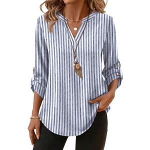XIEERDUO 3/4 Length Sleeve Womens Tops V Neck T Shirts Both Side Buttons Blouses Business Casual Outfits Loose Fit (Blue, M)