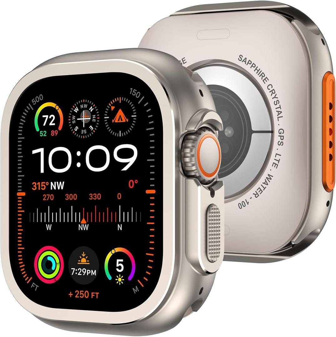 Amizee 2 in 1 Metal Case Compatible with Apple Watch Ultra 3/2/1 49mm with Back Cover, Rugged Shockproof Protective Bumper Cover for iWatch 49mm, Titanium