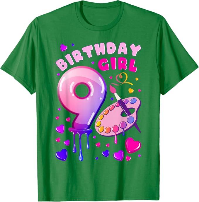9th Birthday, Girl 9 Years, Painting Art, Number 9 T-Shirt, L