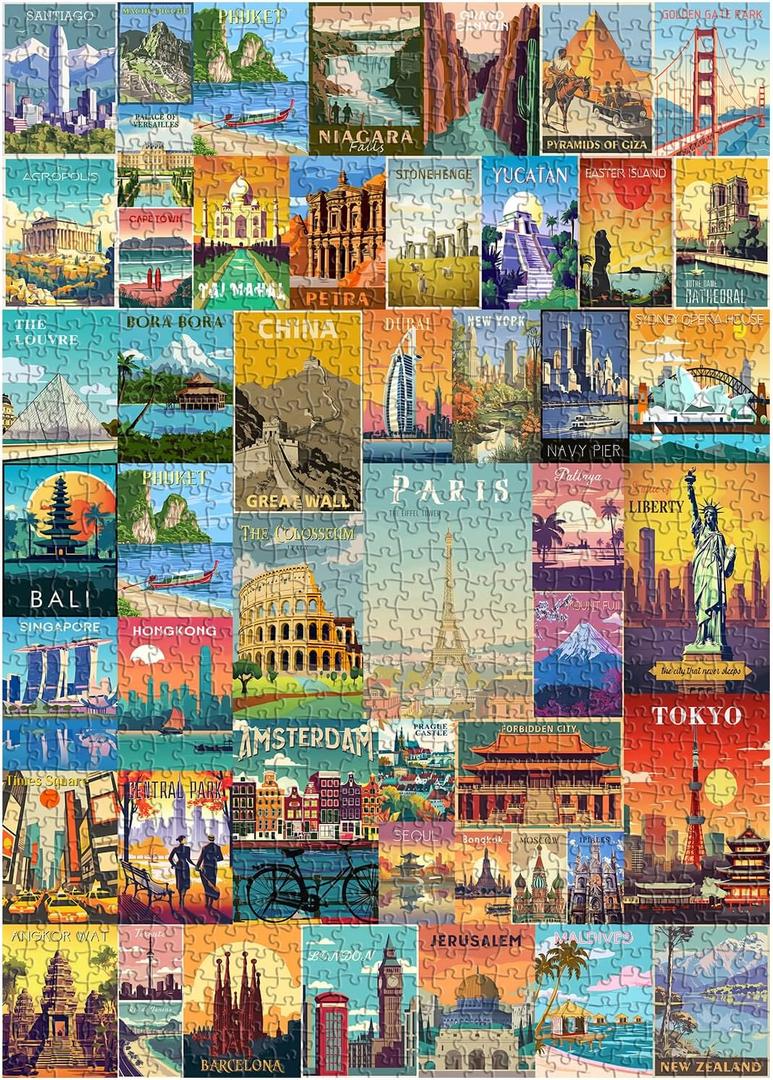 Vintage World Travel Puzzles for Adults 1000 Piece, Colosseum Eiffel Tower Landscape Poster Puzzle Landmarks, Scenic Jigsaw Puzzles for Adults Paris Italy Scenery