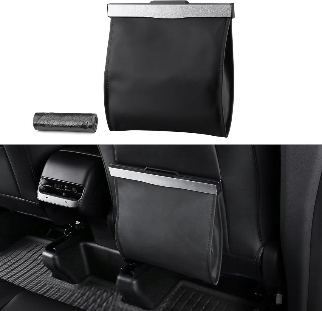 BASENOR 2026 Upgraded Tesla Model Y/3/S/X Cybertruck Trash Can, [Strong Magnetic] [Waterproof] LED Light Garbage Bin Leather Garbage Can, Seat Back Hanging Interior Accessories 2017-2026