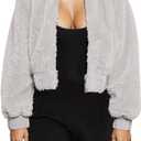 FANCYINN Womens Teddy Cropped Faux Fur Jacket Furry Lapel Coat Zip Up with Pockets Warm Winter (Large, Light Gray)